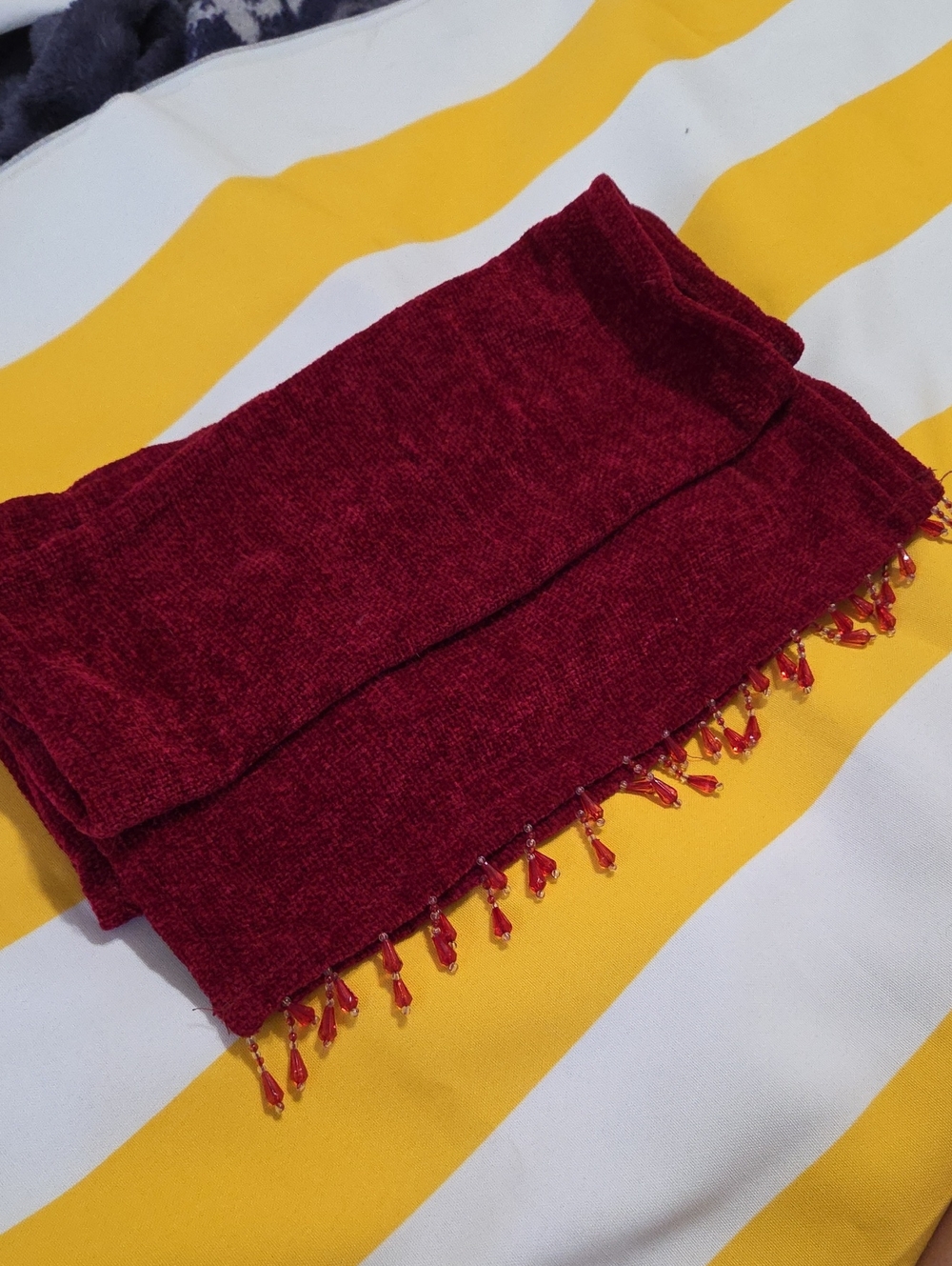 Crimson Beaded Fringe Scarf
